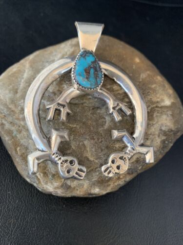 Navajo Bisbee Turquoise Naja Pendant | Sterling Silver | Men's Native American Handmade Necklace | 13796