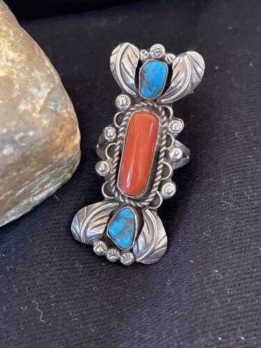 Navajo Kingman Turquoise & Coral Ring | Authentic Native American Sterling Silver | Multi-Stone | Sz 10 | 1292