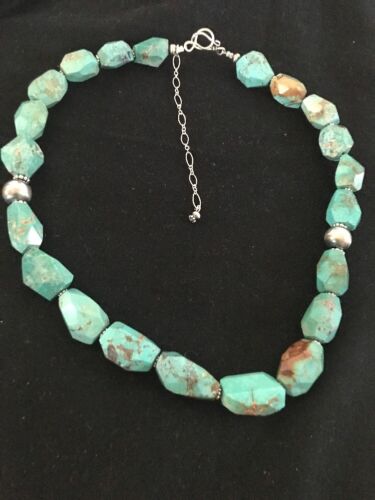 Navajo Turquoise Chunky Bead Faceted Necklace | Sterling Silver | Authentic Native American Handmade | 20" | 3367