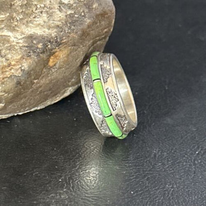 Navajo Green Gaspeite Inlay Eternity Band Ring | Sterling Silver | Sz 9.5 | Authentic Native American Handmade | 14548