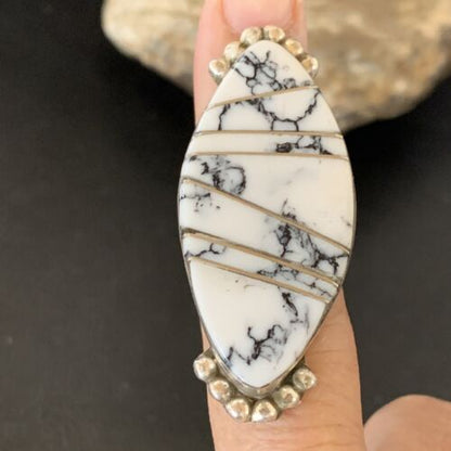 Navajo White Buffalo Turquoise Inlay Ring | Sterling Silver | Sz 7 | Authentic Native American Handmade | 12175 - Masha USA