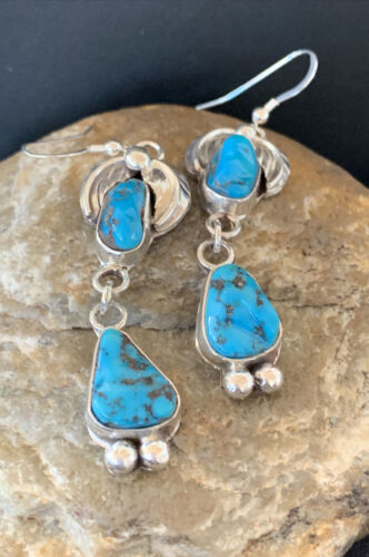 Navajo Kingman Turquoise Dangle Earrings | Sterling Silver | Authentic Native American Handmade | 01219