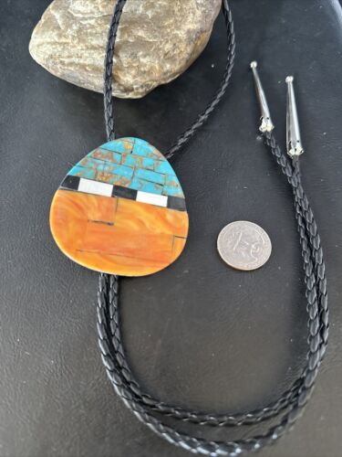 Men's Bolo Tie | Turquoise & Orange Spiny Oyster | Sterling Silver Tips | Authentic Native American Handmade | 14630