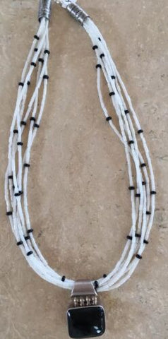 Southwestern Design 6 Strand White Bamboo Coral, Onyx Bead Necklace Pendant