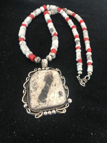 Navajo Pearls White Buffalo Turquoise Necklace Pendant | Sterling Silver | Authentic Native American Handmade | 8216