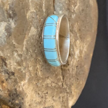 Native American Navajo Blue Turquoise Inlay Band Ring | Sz 6 | Sterling Silver | 12393