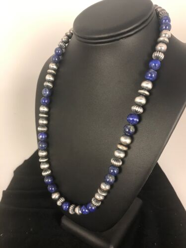 Native American Men's Lapis Necklace | Navajo Sterling Silver | 22" | 8531 - Masha USA