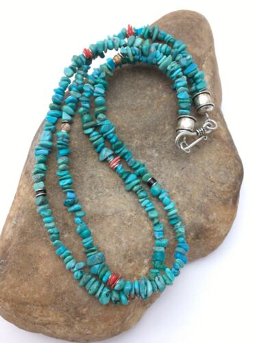 Navajo Blue Turquoise Nugget Bead Necklace | 2 Strand | Sterling Silver | 17" | Authentic Native American Handmade | 4490 - Masha USA