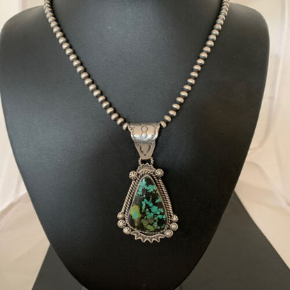 Men's Navajo Green Spiderweb Turquoise Pendant | Sterling Silver Necklace | Authentic Native American Handmade | 01978