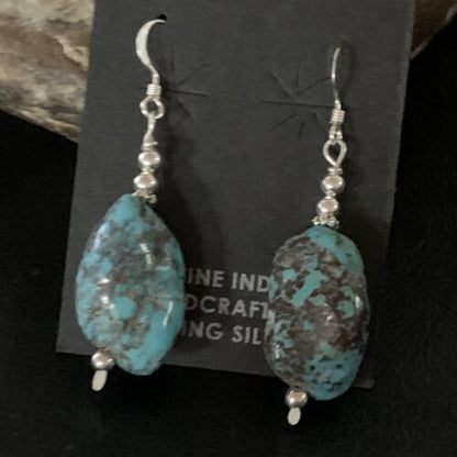 Navajo Turquoise Bead Nugget Earrings | Sterling Silver Pearls | 1" | Authentic Native American Handmade | 12891