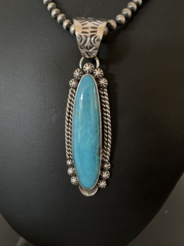 Navajo Men's Kingman Turquoise Pendant Necklace | Sterling Silver | Native American Handmade | 1069