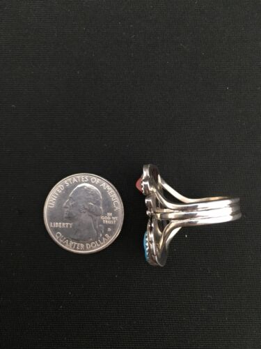 Navajo Southwestern Blue Turquoise & Coral Ring | Authentic Native American Sterling Silver | Multi-Stone | Sz 9.5 | 4857