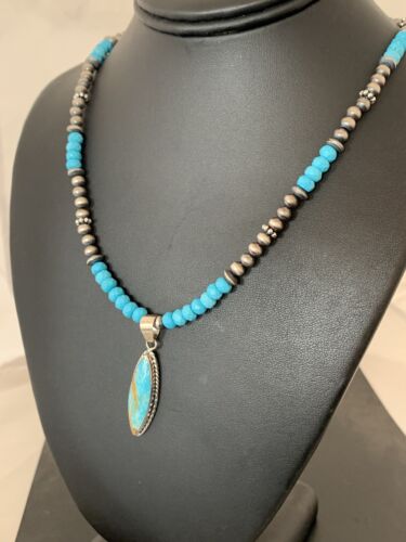 Navajo Blue Faceted Turquoise Pendant Necklace | Sterling Silver | Authentic Native American Handmade | 563 - Masha USA