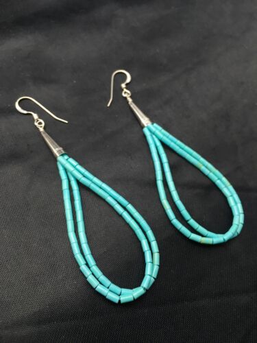Native American Blue Turquoise Heishi Dangle Earrings | Liquid Sterling Silver | 4372