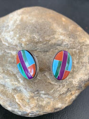 Navajo Multi-Color Turquoise Coral Inlay Earrings | Sterling Silver | Authentic Native American Handmade | 1716