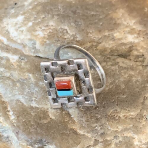 Native American Womens Navajo Blue Turquoise Coral Inlay Ring Sz 5 13131