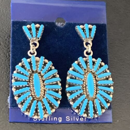 Zuni Handmade Kingman Turquoise Needle Point Dangle Earrings | Sterling Silver | 11663