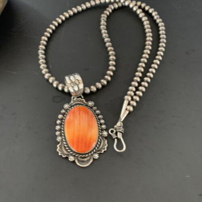Navajo Pearls Orange Spiny Oyster Necklace Pendant | Sterling Silver | Authentic Native American Handmade | 11301