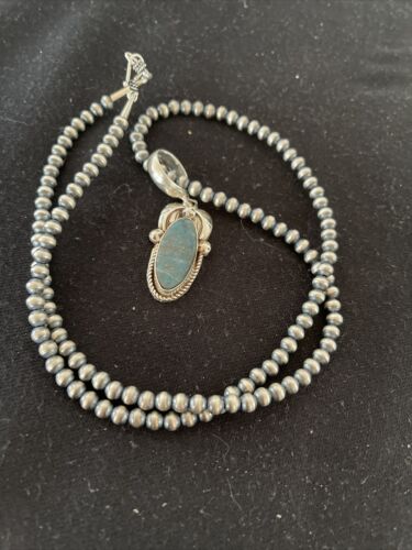 Men's Navajo Sterling Silver Beads Necklace | Denim Lapis Pendant | 2" | Authentic Native American Handmade | 1211