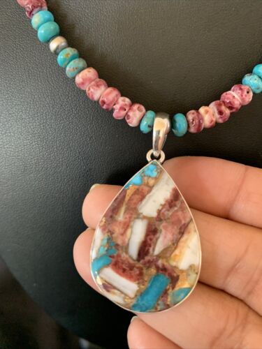 Navajo Pearl Necklace with Blue Turquoise & Purple Spiny Pendant | Sterling Silver | 11744