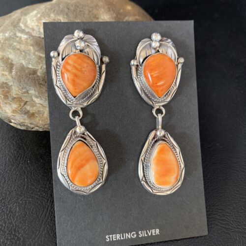 Navajo Orange Spiny Oyster Dangle Earrings | Sterling Silver | Authentic Native American Handmade | 13817