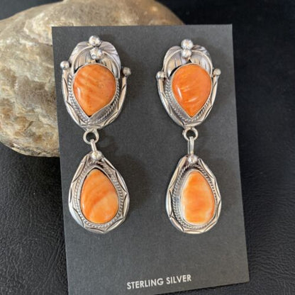 Navajo Orange Spiny Oyster Dangle Earrings | Sterling Silver | Authentic Native American Handmade | 13817