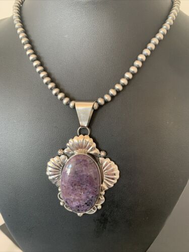 Men's Navajo Pearls Necklace | Sterling Silver Purple Sugilite Pendant | Authentic Native American Handmade | 1537