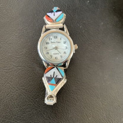 Authentic Native American Zuni Sterling Silver Watch Tips | Onyx, Coral, Turquoise Inlay | Women's | 11577