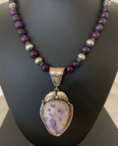 Navajo Purple Sugilite & Amethyst Pendant Necklace | Sterling Silver | Authentic Native American Handmade | 1756