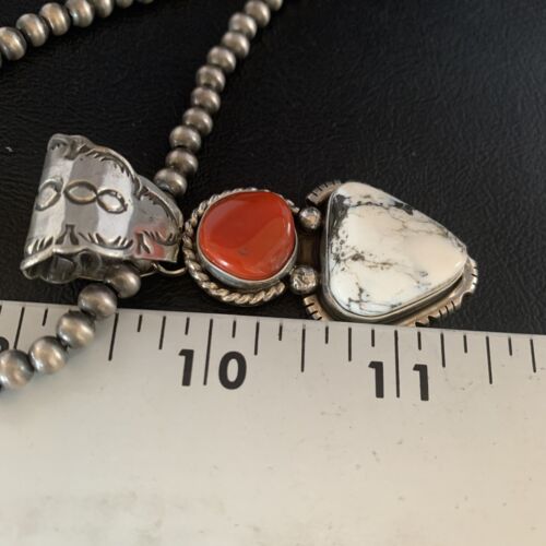 Navajo White Buffalo Turquoise Coral Pendant | Sterling Silver | Multi-Stone Necklace | 13578