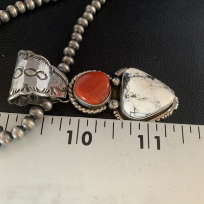 Navajo White Buffalo Turquoise Coral Pendant | Sterling Silver | Multi-Stone Necklace | 13578