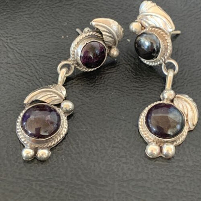 Navajo Purple Sugilite Post Dangle Earrings | Sterling Silver | Authentic Native American Handmade | 1591