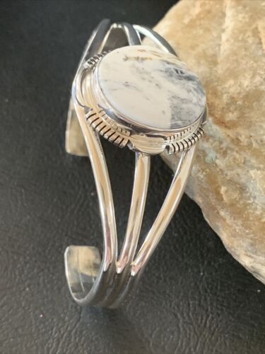 Navajo White Buffalo Turquoise Cuff Bracelet | Sterling Silver | Authentic Native American Handmade | 1390