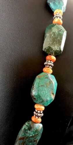 Navajo Green Turquoise Spiny Oyster Bead Necklace | Sterling Silver | Southwestern Handmade | 22" | 3221