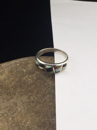 Navajo Sterling Silver Opal, Black Onyx & Tigers Eye Inlay Ring | Sz 11 | Authentic Native American Handmade | 01602