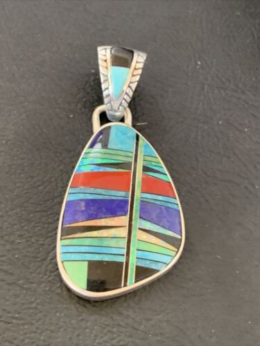 Navajo Multi-Color Turquoise Coral Opal Inlay Pendant | Sterling Silver | Native American Handmade | 12492 - Masha USA
