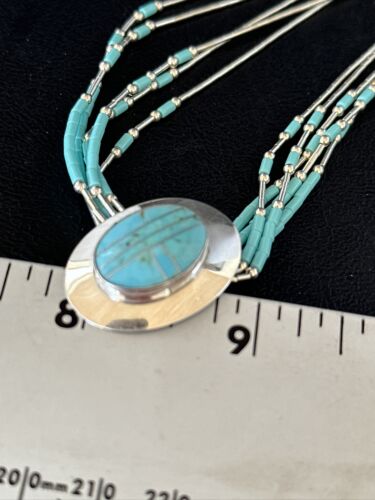 Liquid Silver Heishi 5-Strand Pendant Necklace | Sterling Silver | Turquoise | Navajo | 14820