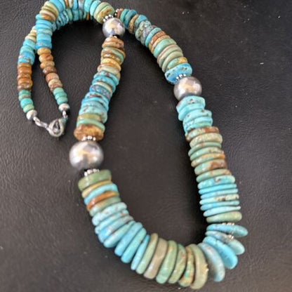 Navajo Blue Green Turquoise Bead Necklace | Sterling Silver | Authentic Native American | 20" | 14242