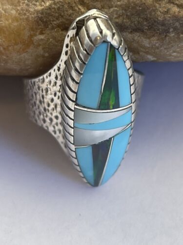Southwestern Navajo Opal & Turquoise Inlay Ring | Sterling Silver | Sz 8 | 01615