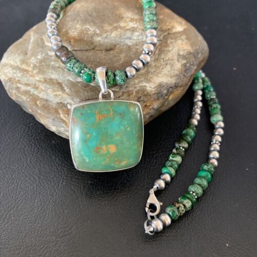 Women's Green Turquoise Pendant Necklace | Navajo Pearls Sterling Bead | Authentic Native American Handmade | 13306