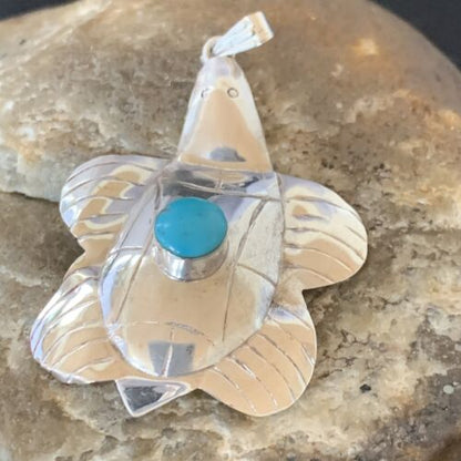 Navajo Blue Turquoise Turtle Pendant | Sterling Silver | Authentic Native American Handmade | 12804