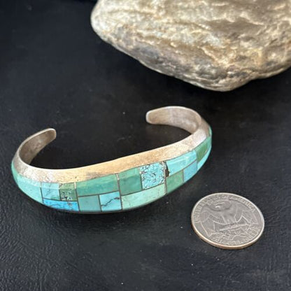 Native American Men's Blue Green Turquoise Inlay Bracelet | Sterling Silver | 14529