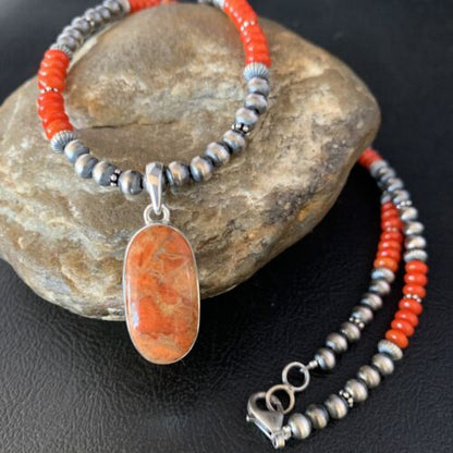 Navajo Red Apple Coral Necklace Pendant Naja | Sterling Silver | Authentic Native American Handmade | 13932