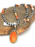 Navajo Orange Spiny Oyster Pendant Necklace | Sterling Silver | Authentic Native American Handmade | 8687