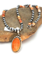 Navajo Orange Spiny Oyster Pendant Necklace | Sterling Silver | Authentic Native American Handmade | 8687