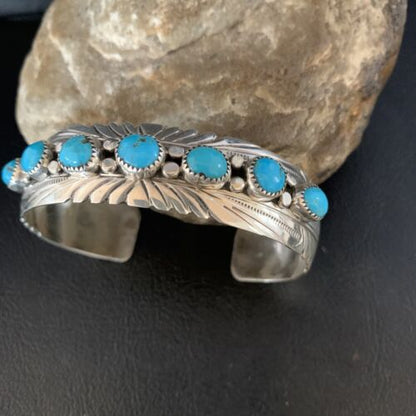 Navajo Blue Kingman Turquoise Cuff Bracelet | Sterling Silver | 7 Stone | Authentic Native American Handmade | 14212