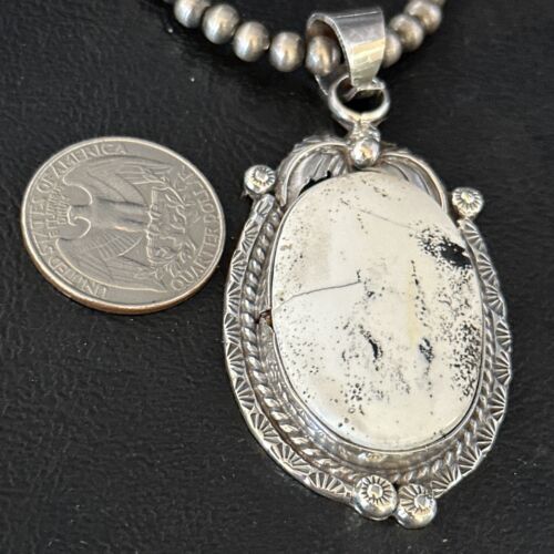 Navajo White Buffalo Turquoise Pendant Necklace | Sterling Silver | Authentic Native American Handmade | 14244