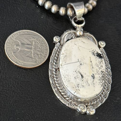 Navajo White Buffalo Turquoise Pendant Necklace | Sterling Silver | Authentic Native American Handmade | 14244