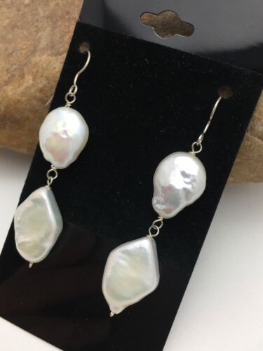 Native American Sterling Silver Pearl Dangle Earrings | 1.5" | 3079