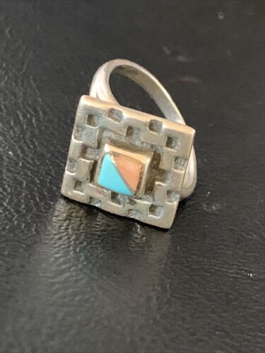 Navajo Blue Turquoise Pink Coral Inlay Ring | Sz 6.5 | Authentic Native American Handmade | 13133 - Masha USA